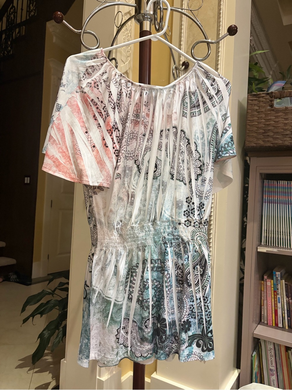 Women's Off-Shoulder Paisley Print Bodysuit in Teal & Coral